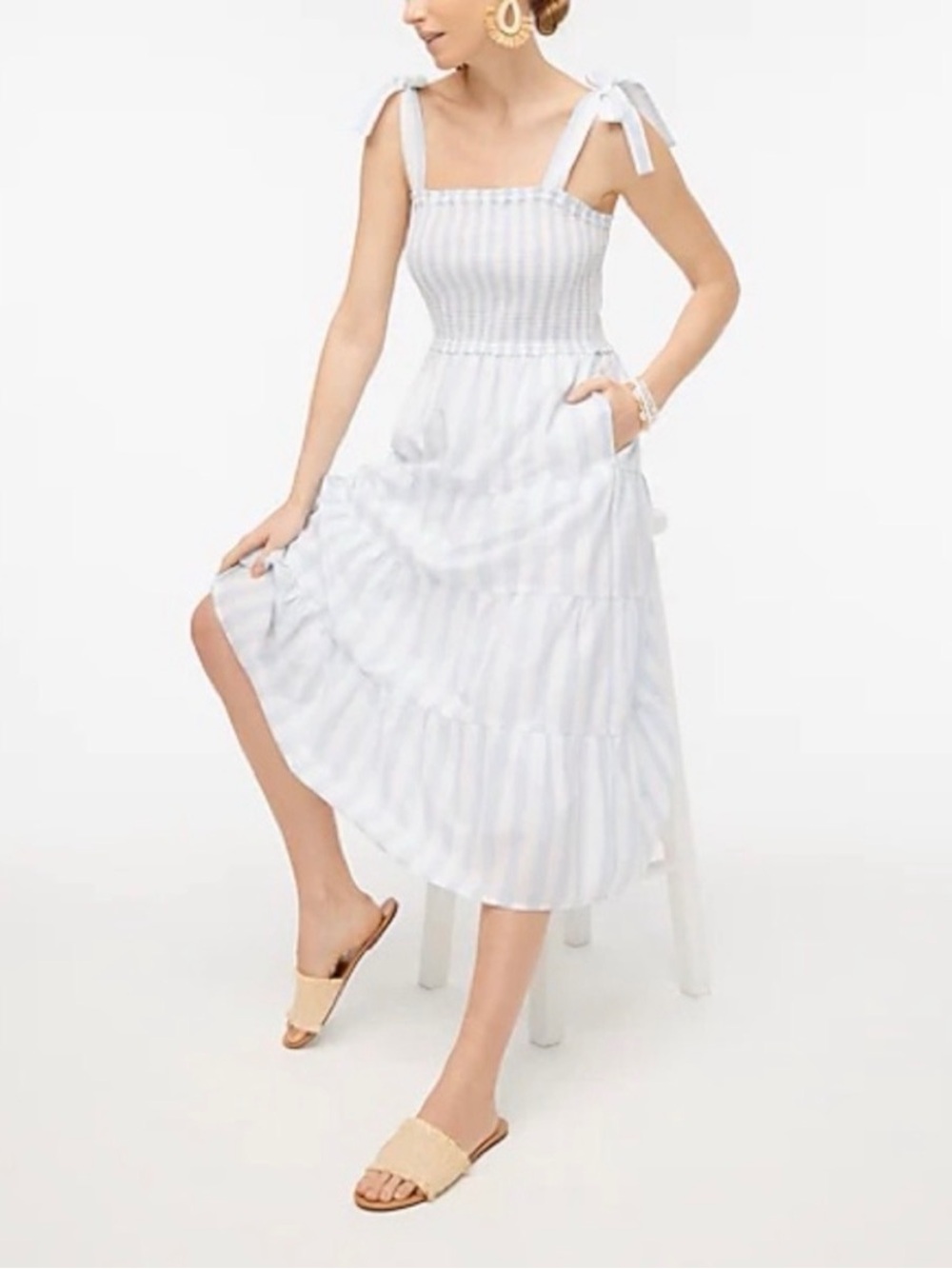 J. Crew Light Blue and White Striped Tie-Shoulder Midi Dress